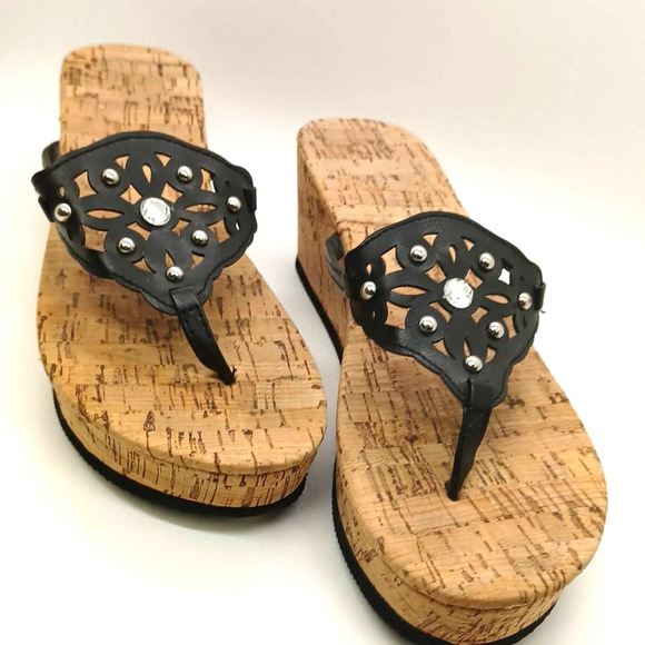 Size 7-8 Sandal Flip Flop Wedge Shoe Black with Bling Glam - Picture 5 of 10